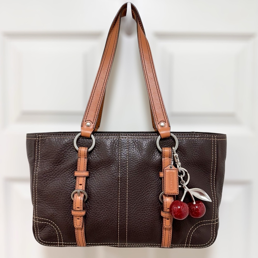 Coach Chelsea Tote Bag Chocolate Brown Pebbled Leather Tan Trim Y2K